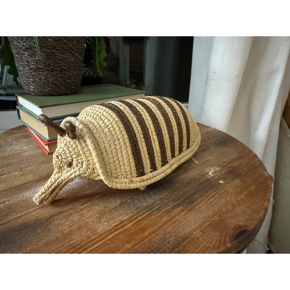 Vintage Hand Woven Wicker Armadillo Figurine Folk Art Sculpture Brown 14 Inch